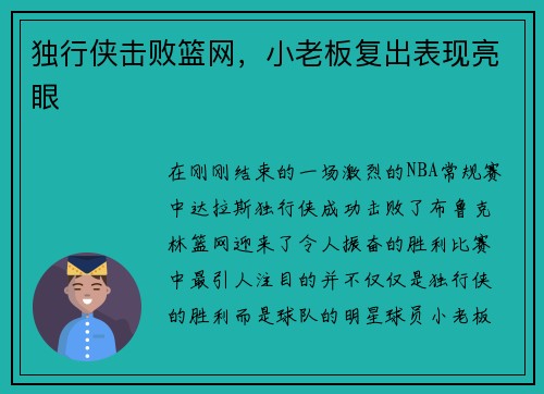 独行侠击败篮网，小老板复出表现亮眼